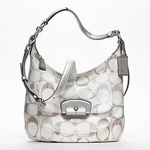 🤍 Coach Kristin Beige Grey White Embellished Sequin Signature Hobo Shoulder Bag